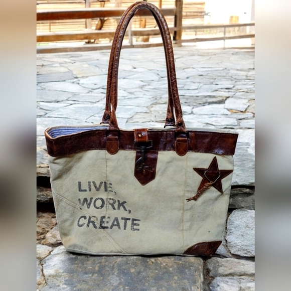 Mona B Upcycled Canvas and Vegan Leather Tote Bag - Picture 1 of 8